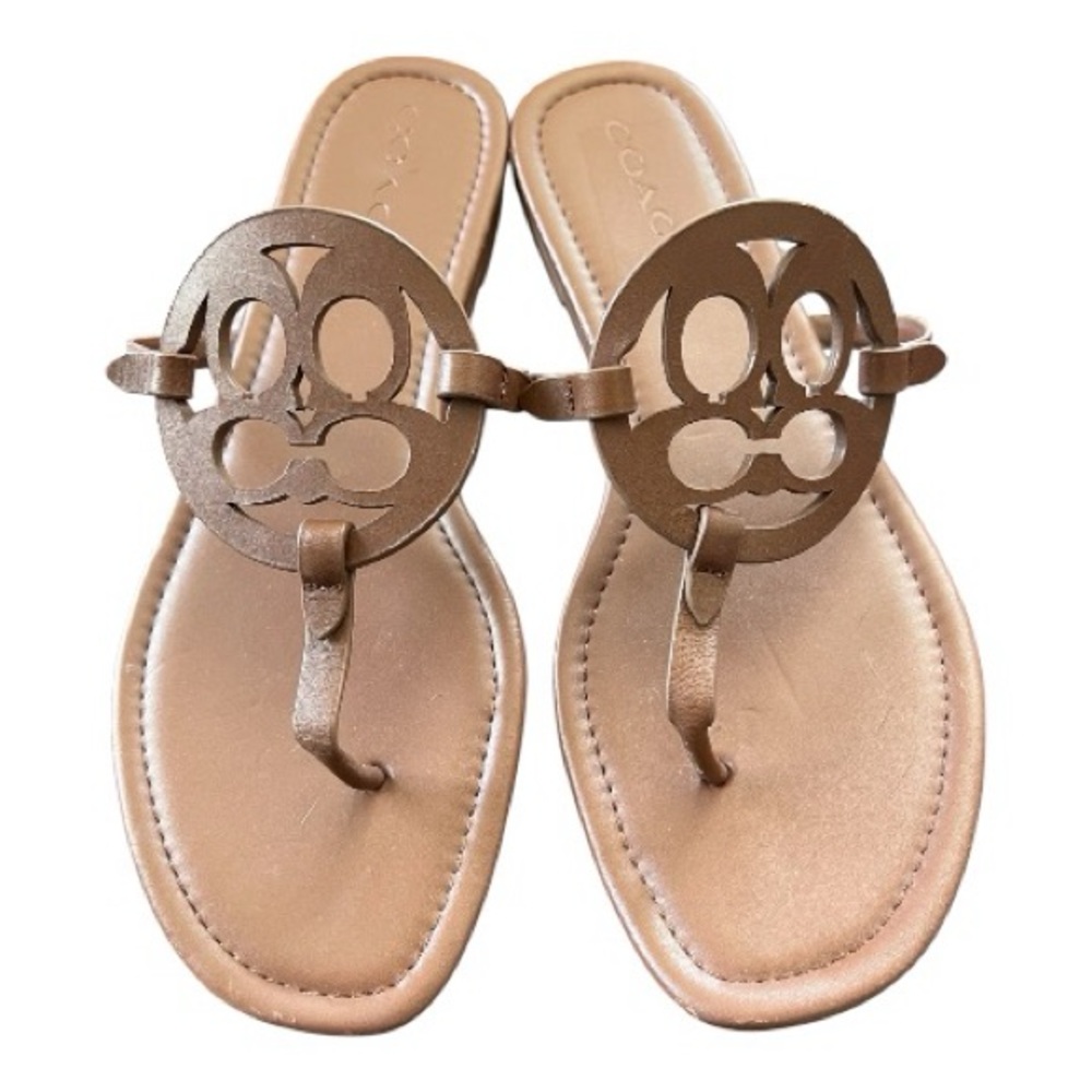 Coach Logo Medallion Brown Leather Thong Sandals Size 10